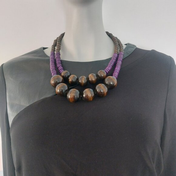 Brown Purple Wooden Beads Necklace 2 Layers Boho Earth Tone Statement Like New - Picture 8 of 9
